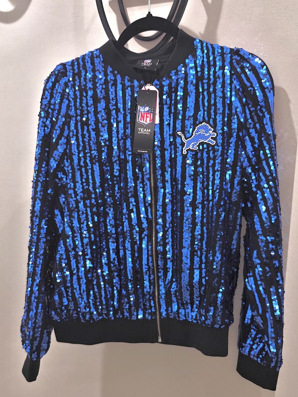 NFL Womens Blue and Black Sequin Bomber Jacket Size L